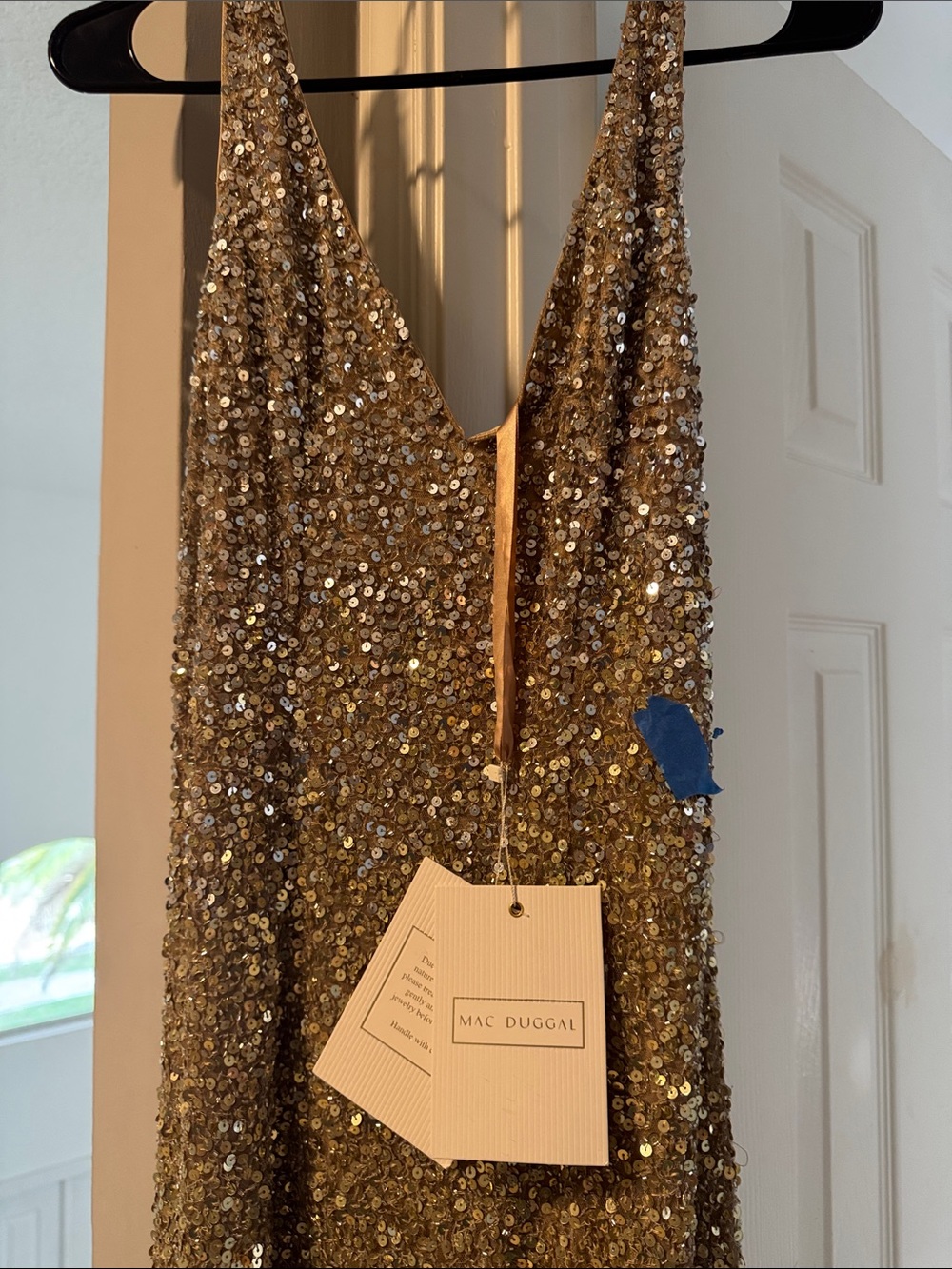 Mac Duggal Gold Sequin V-Neck Party Dress. NEW, with Tags. Few sequins fell.